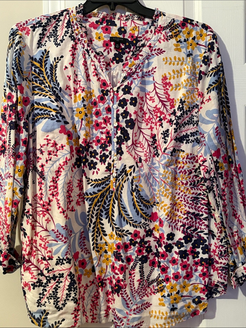 Talbots White Floral Button-Front Women's Top with Pink, Yellow & Navy